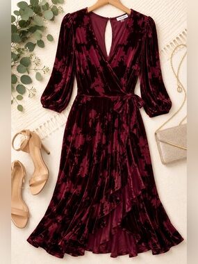 Calvin Klein Burgundy Velvet Wrap Midi Dress